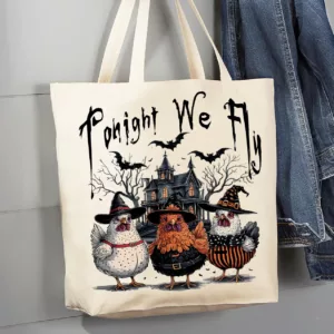 AVERY LANE GIFTS – Tote bag en toile Halloween Chickens “Tonight We Fly”